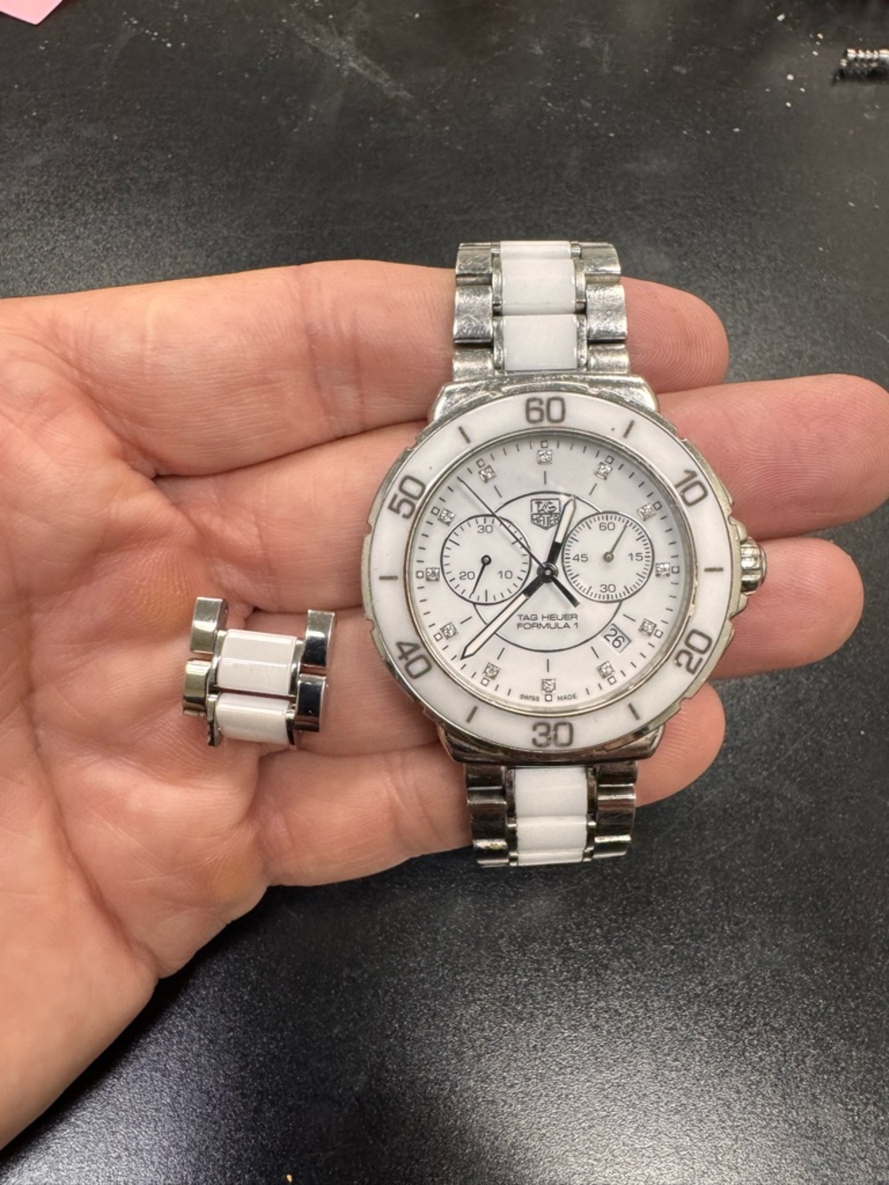 Tag Heuer White and Silver Ceramic & Stainless Steel Chronograph Watch